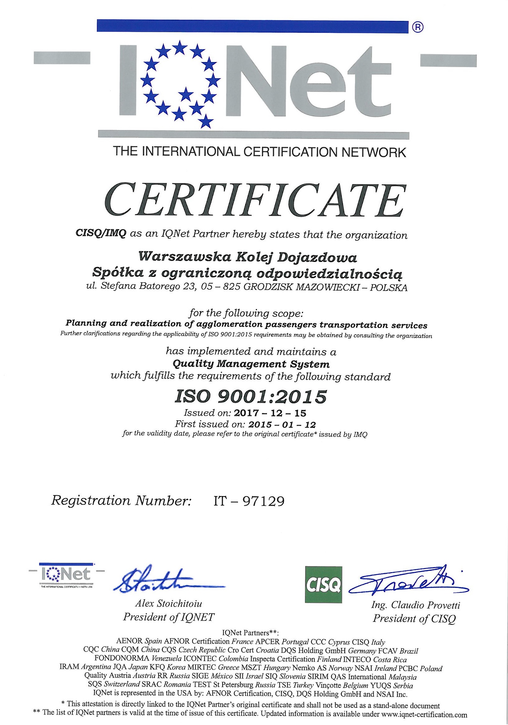 Certyfikat SQ 9001-2015