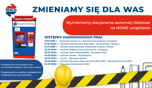 Zmiana harmonogramu wymiany automatów biletowych na nowe urządzenia - prace będą realizowane w okresie 17- 29.07.2026 r.  - Aktualizacja w dn. 23.07.2026